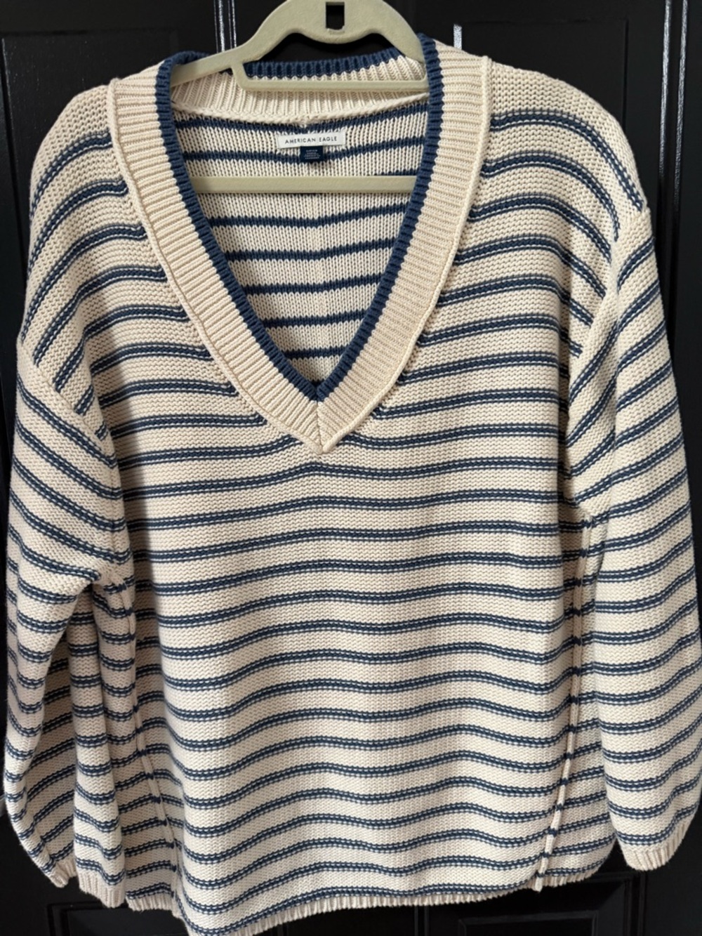 American Eagle Cream and Navy Striped Knit V-Neck Sweater
